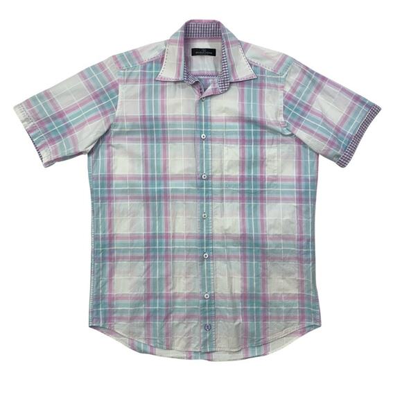 Bugatchi Uomo Shirt Mens S Small Pink Blue Plaid Cotton Flip Cuff Short Sleeve - Picture 1 of 14